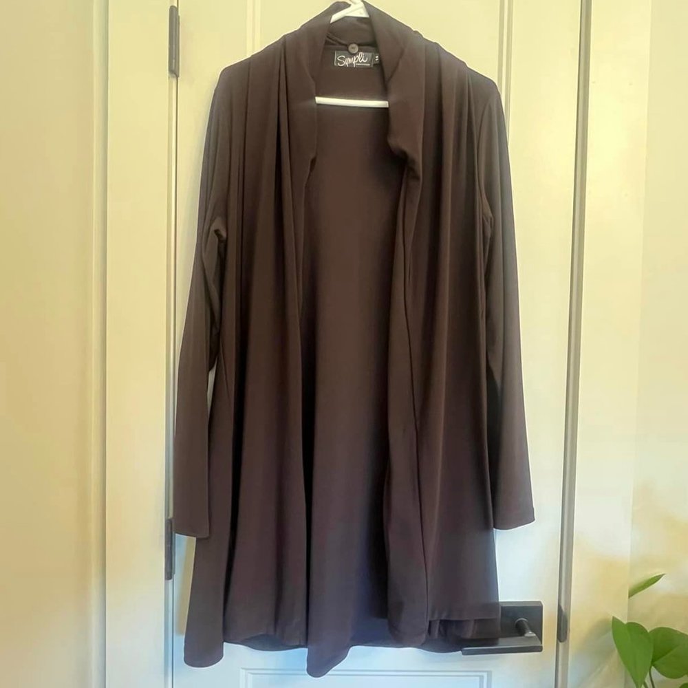 Sympli 3/4 Sleeve Tunic and Long Shawl Jacket Set in Currant Sizes 12/14